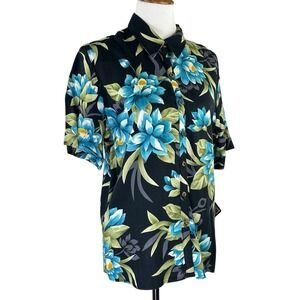 NWT Jamaica Bay Hawaiian Rayon Button Shirt Floral Tropical Turquoise Women's‎ L